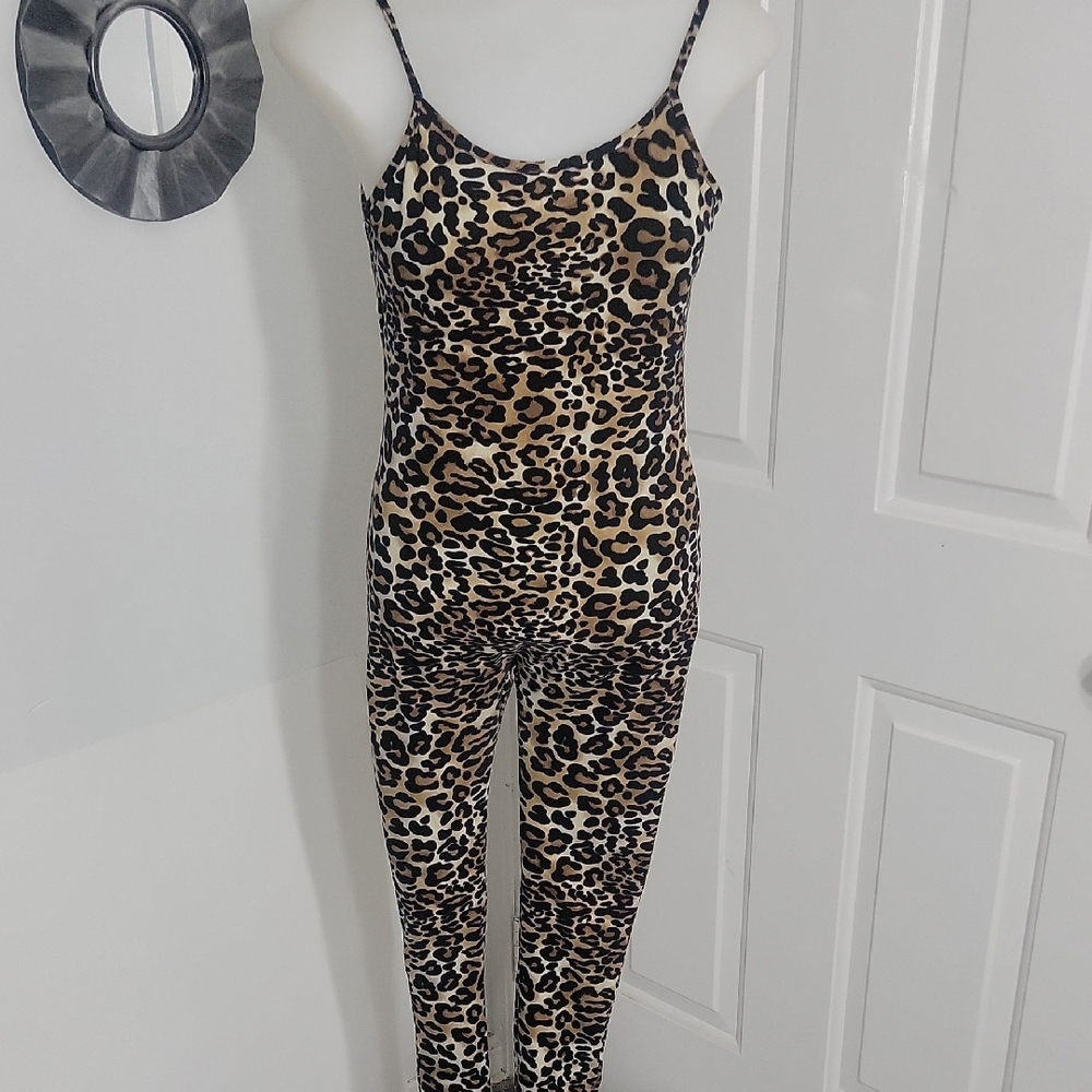 Leopard Print Spaghetti Strap Spandex Jumpsuit Size M